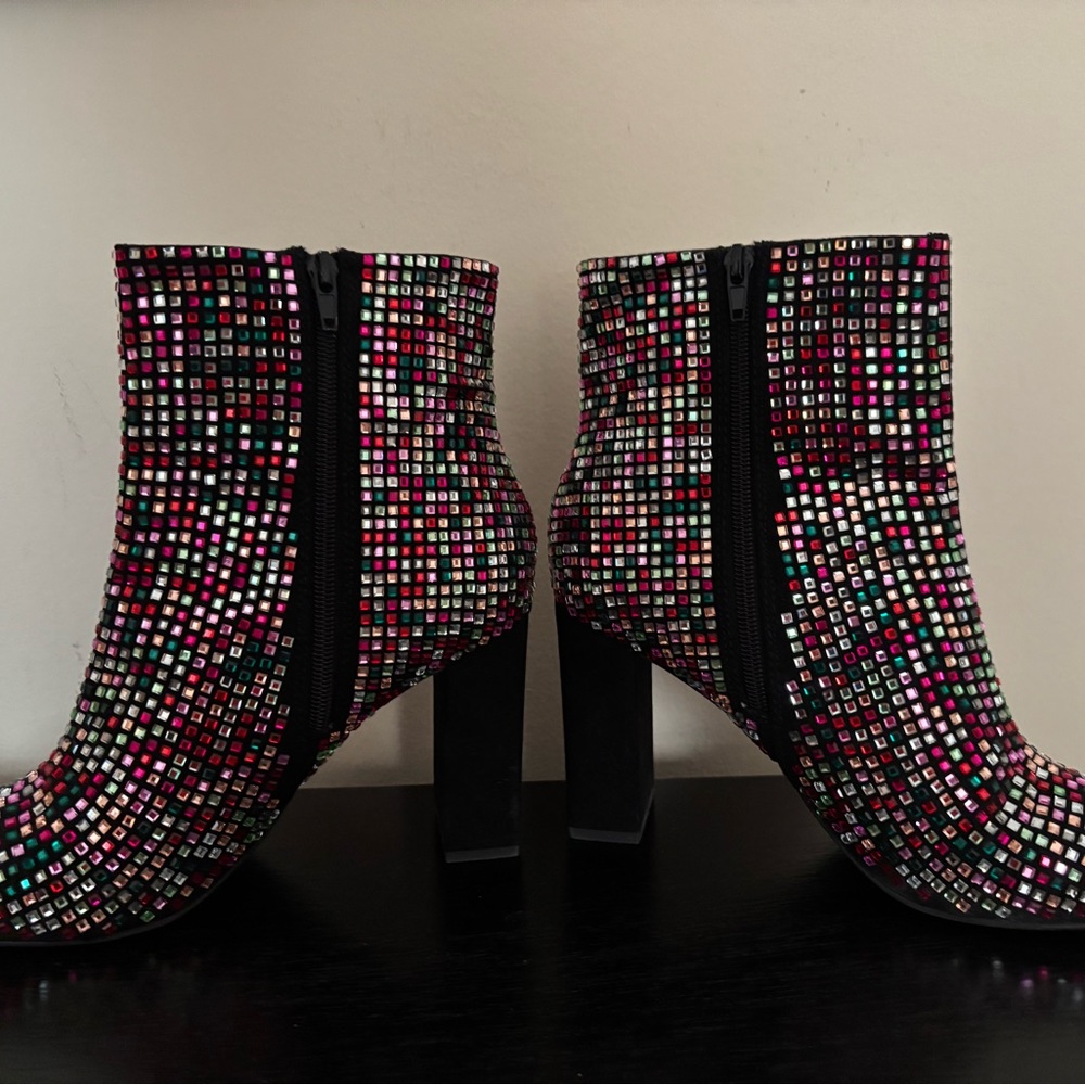 Wild Pair Black and Red Ankle Boots with Rhinestone Embellishments - Picture 2 of 2